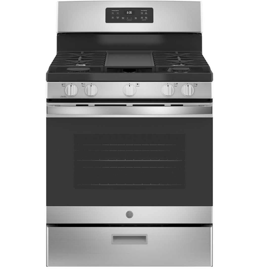 GE JGBS66REKSS 30 inch stainless steel freestanding gas range with integrated griddle available as a new scratch-and-dent deal at Deals Depot in Detroit