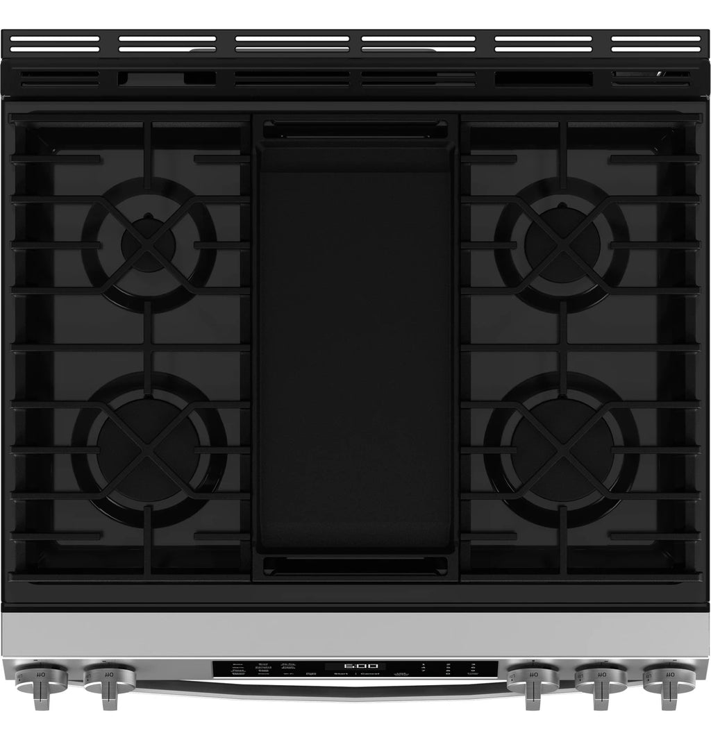 GE GGS600AVFS 30 inch fingerprint-resistant stainless steel slide-in gas convection range available at Deals Depot in Detroit