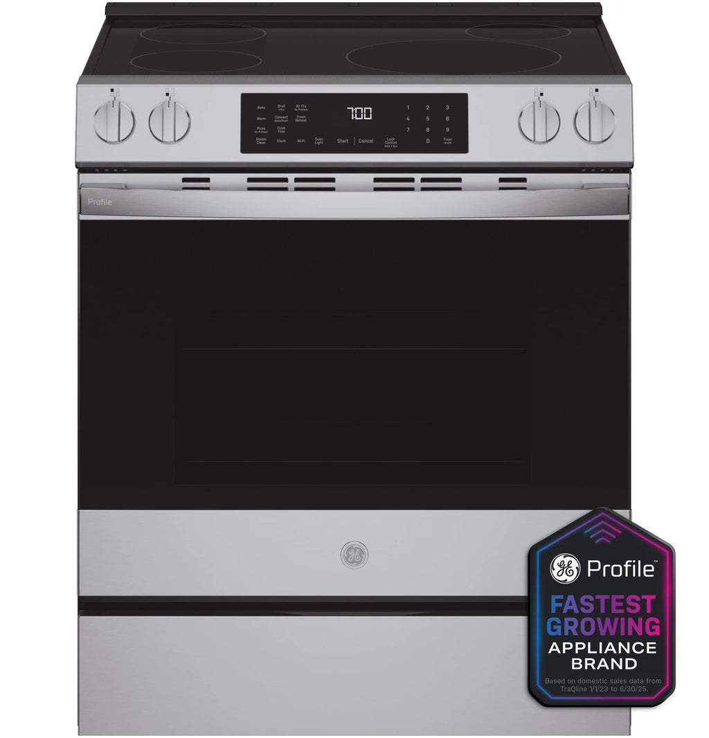 GE Profile PHS700AYFS 30 inch fingerprint-resistant stainless steel smart slide-in induction range available as a new scratch-and-dent deal at Deals Depot in Detroit
