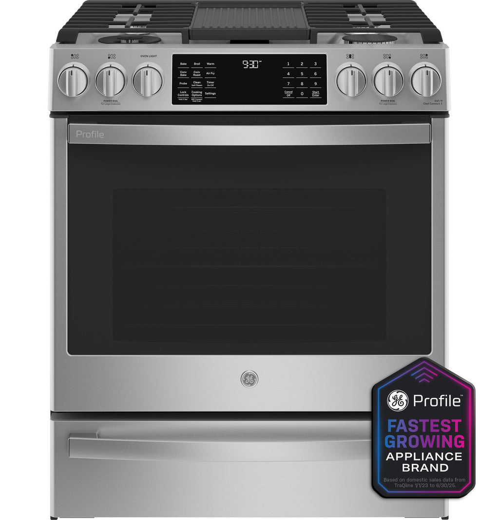 GE Profile P2S930YPFS 30 inch fingerprint-resistant stainless steel smart dual-fuel slide-in range available as a new scratch-and-dent deal at Deals Depot in Detroit
