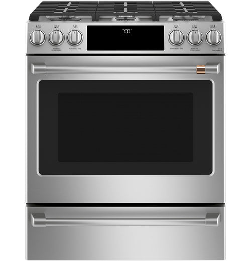 Café CGS700P2MS1 30 inch stainless steel smart slide-in gas range available as a new scratch-and-dent deal at Deals Depot in Detroit