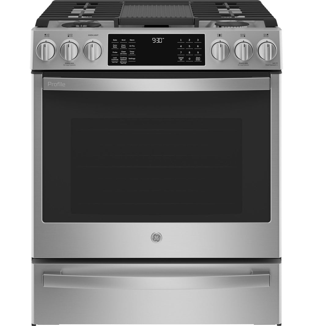 GE Profile P2S930YPFS 30 inch fingerprint-resistant stainless steel smart dual-fuel slide-in range available at Deals Depot in Detroit