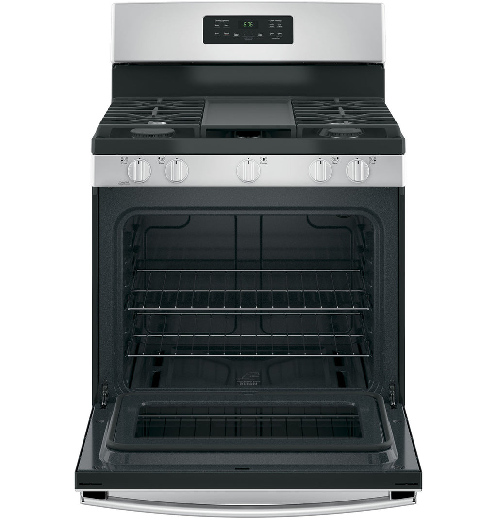 GE JGBS66REKSS 30 inch stainless steel freestanding gas range with integrated griddle available at Deals Depot in Detroit