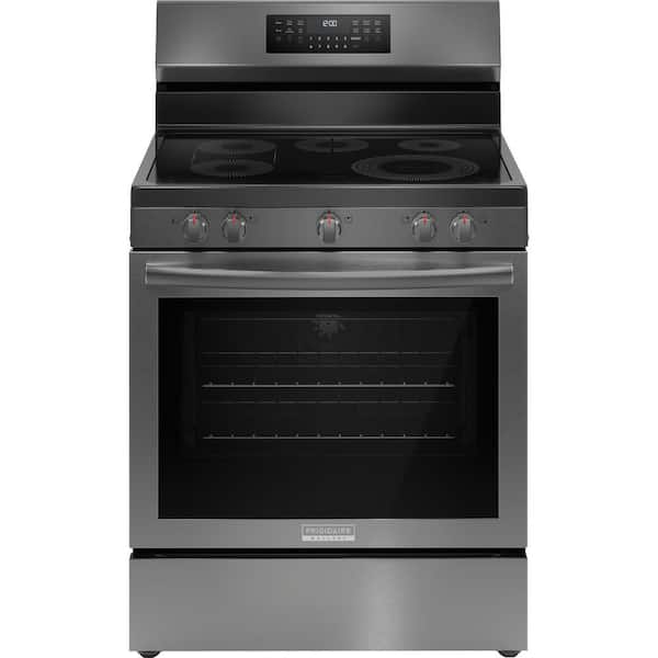 Frigidaire Gallery GCRE3060BD 30 inch black stainless steel freestanding electric range available as a new scratch-and-dent deal at Deals Depot in Detroit
