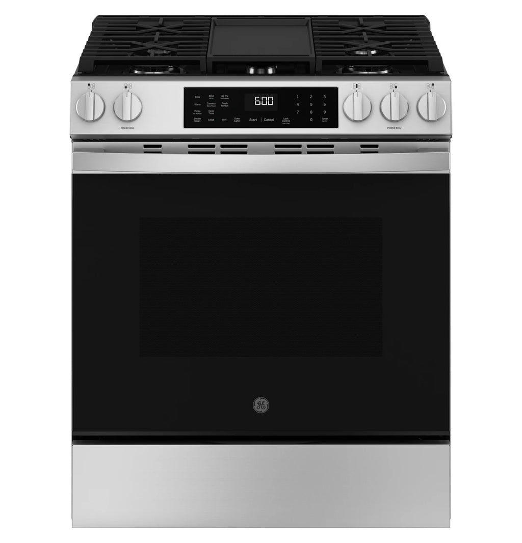 GE GGS600AVFS 30 inch fingerprint-resistant stainless steel slide-in gas convection range available as a new scratch-and-dent deal at Deals Depot in Detroit