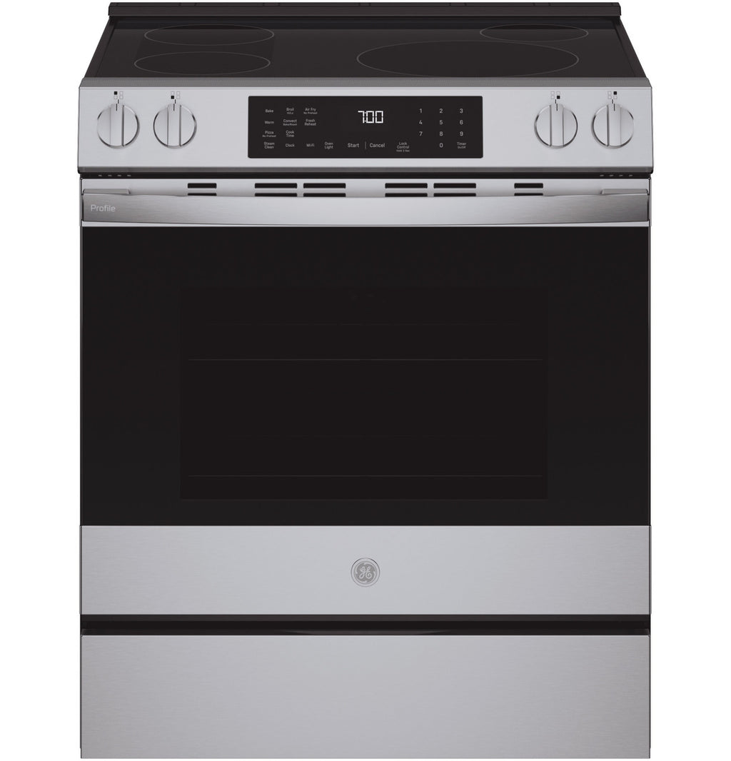 GE Profile PHS700AYFS 30 inch fingerprint-resistant stainless steel smart slide-in induction range available at Deals Depot in Detroit