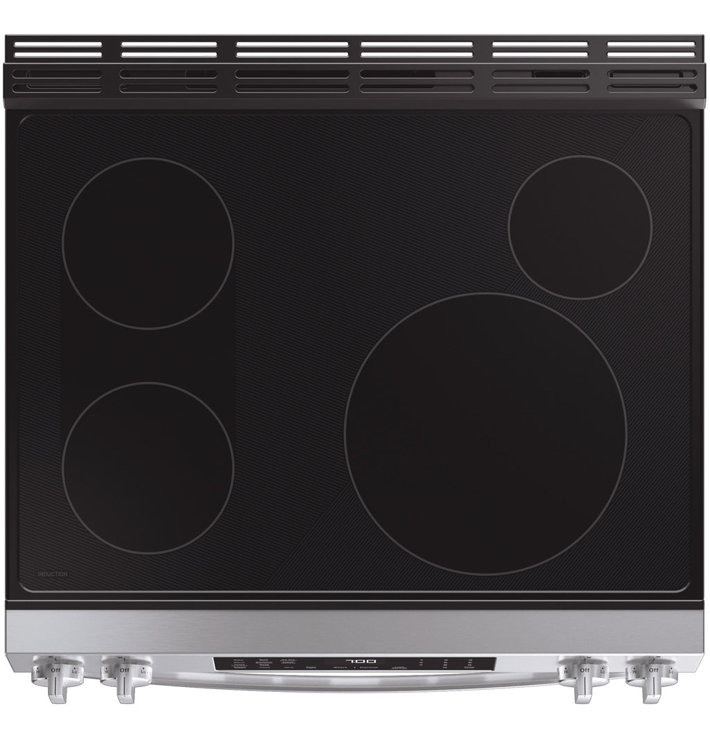 GE Profile PHS700AYFS 30 inch fingerprint-resistant stainless steel smart slide-in induction range available at Deals Depot in Detroit
